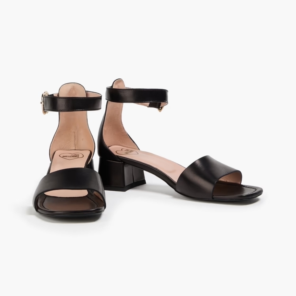 Moschino Love Heart Buckle Leather Block Heels Sandals 39 Black NIB - Picture 2 of 6